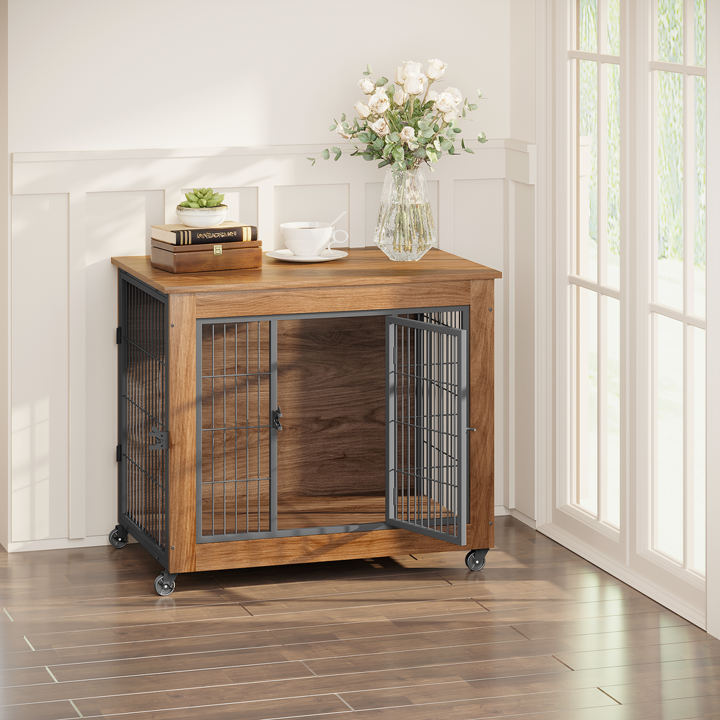 Wooden pet crate with metal door in a room with a vase of flowers and books on a table.