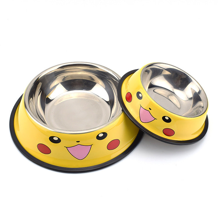 Two yellow pet bowls with cartoon face design on a white background