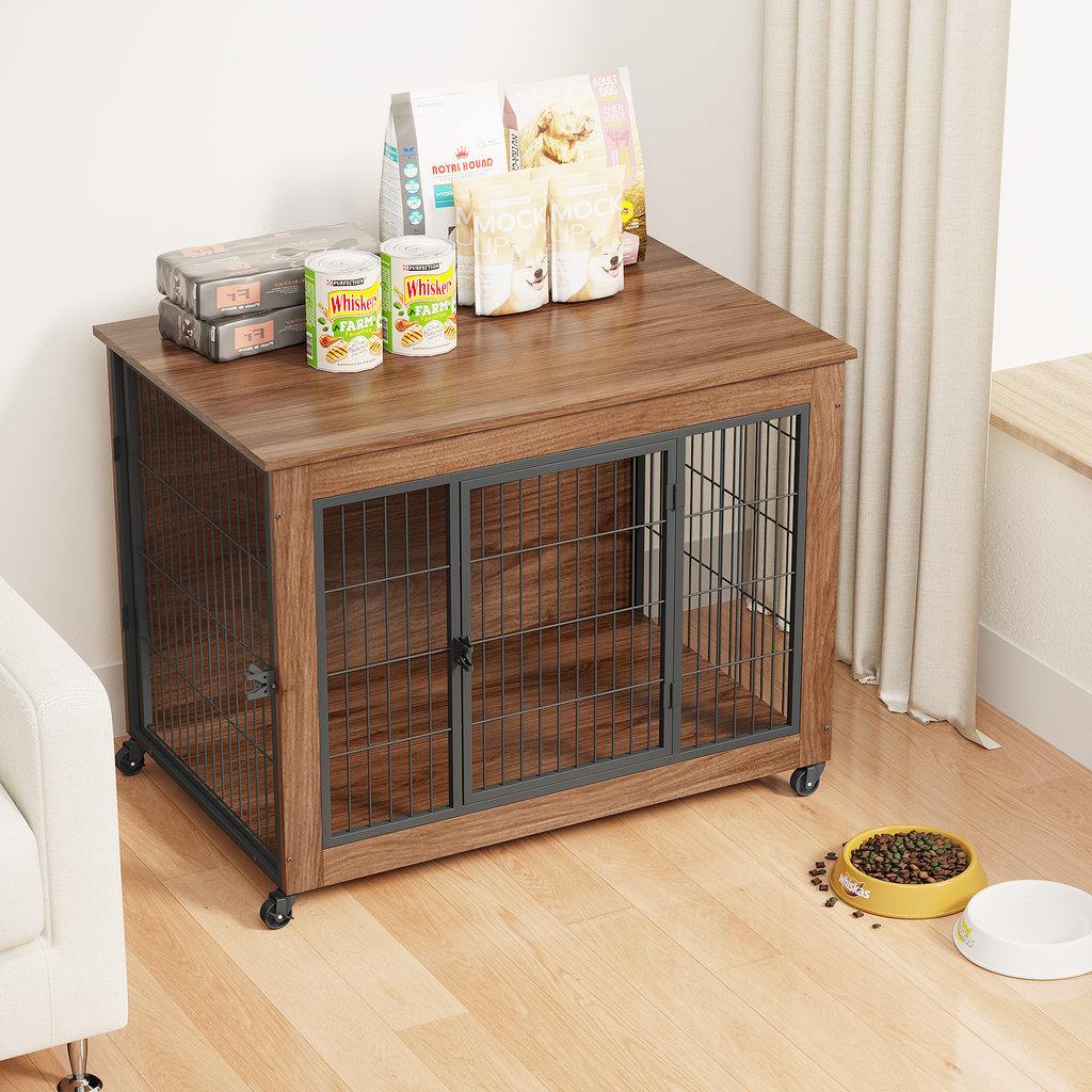 Wooden pet crate with wheels on a wooden floor, containing pet supplies.