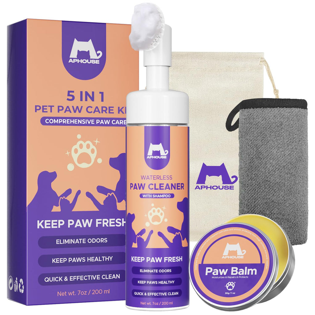 Aphouse 5-in-1 pet paw care kit with packaging, cleaner, balm, and towel on a white background.