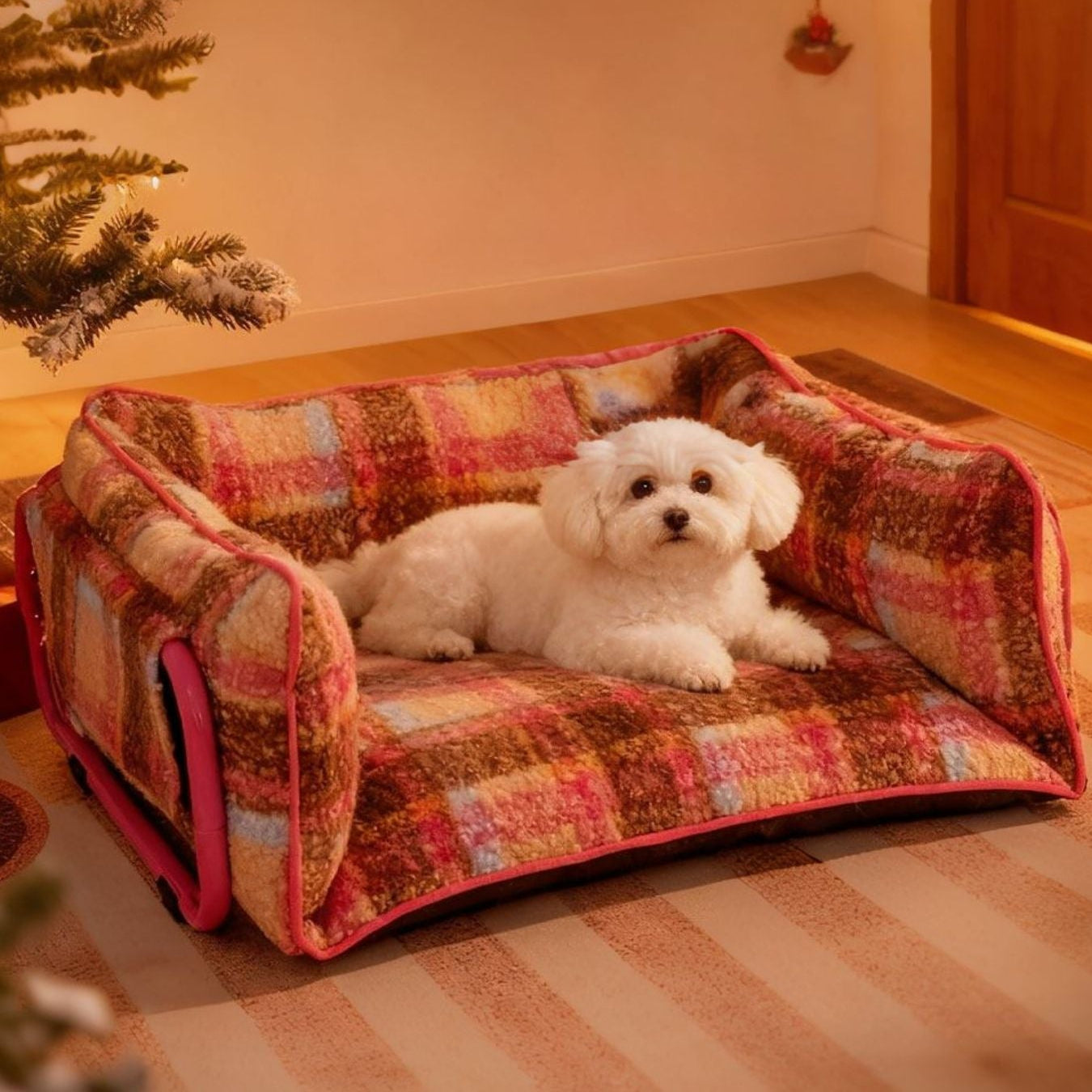 Small white dog lying on a colorful pet bed in a room with a Christmas tree.
