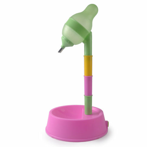 Colorful bird toy with a pink base and green and yellow accents on a white background