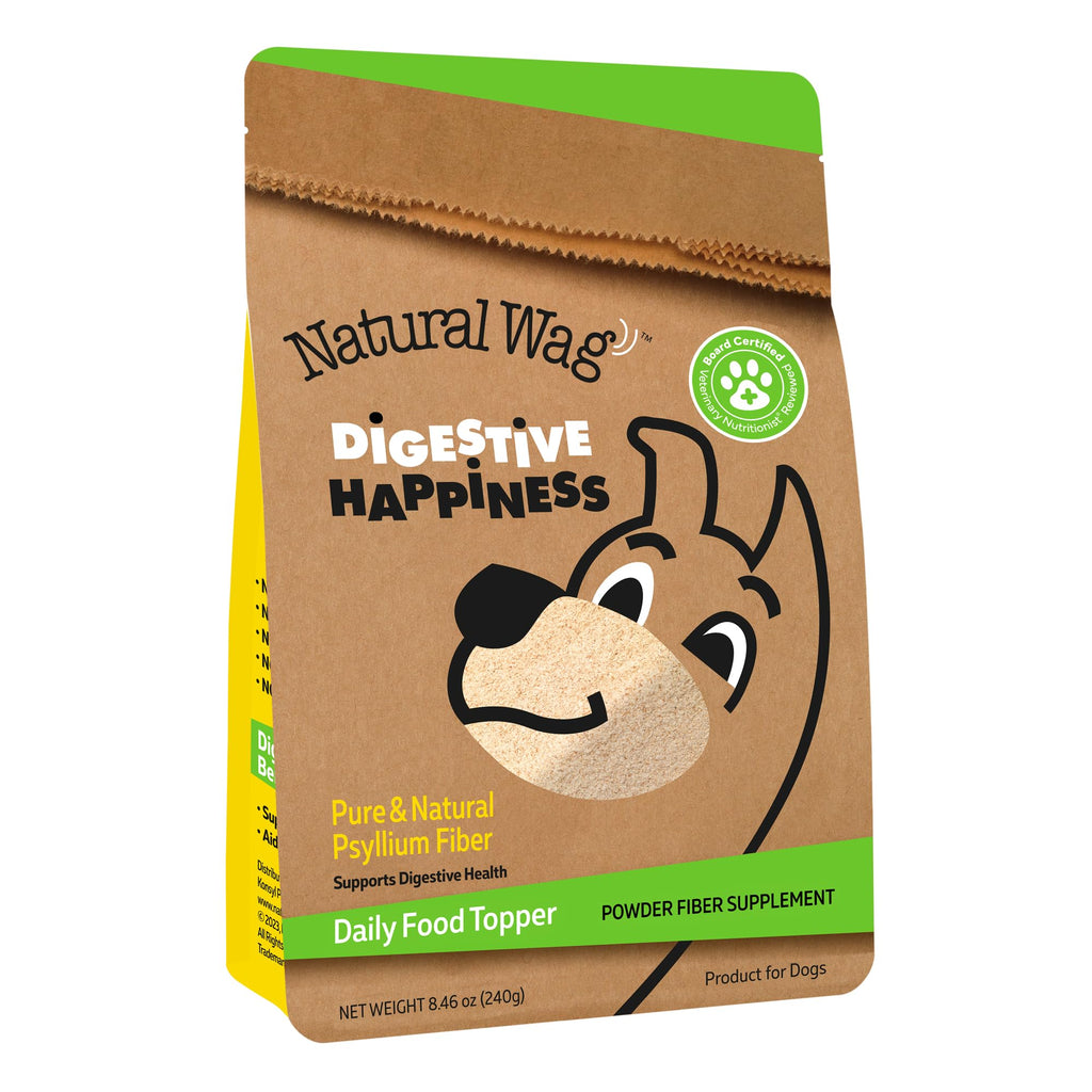 Bag of Natural Wag Digestive Happiness powder for dogs on a white background