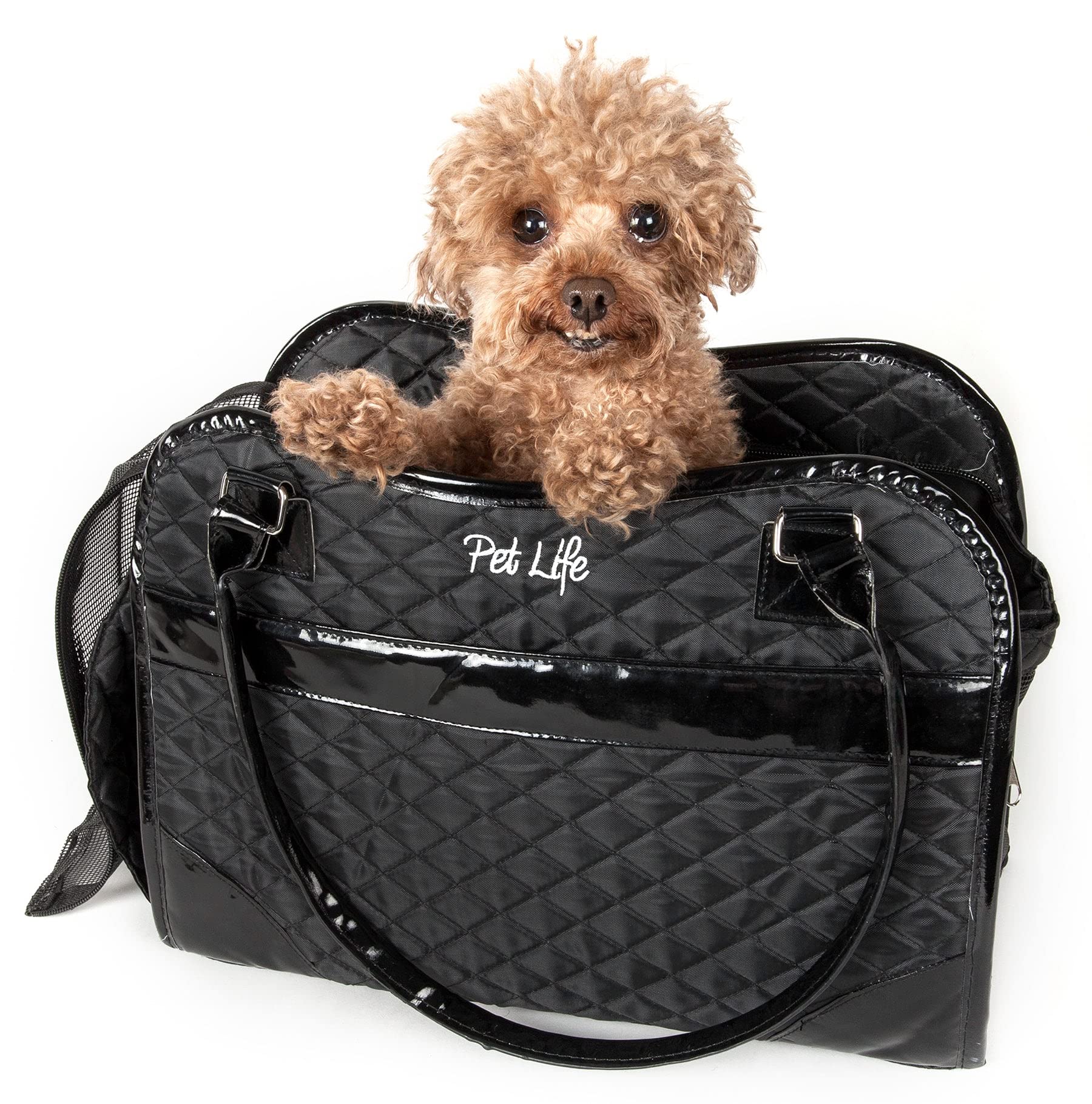 Small dog inside a black pet carrier with 'Pet Life' branding on a white background