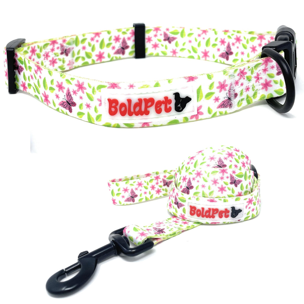 Floral-patterned dog collar and leash with 'BoldPet' branding on a white background