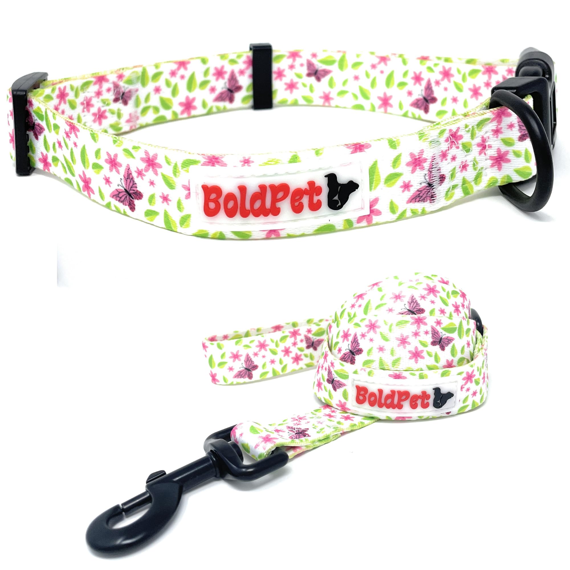 Floral-patterned dog collar and leash with 'BoldPet' branding on a white background