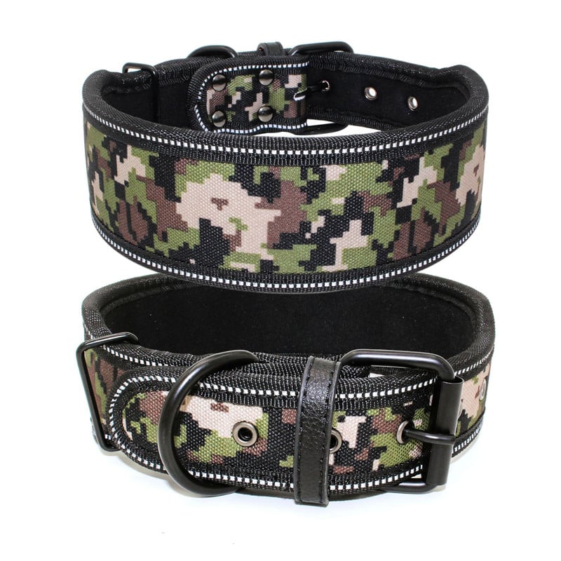 Two camouflage dog collars on a white background
