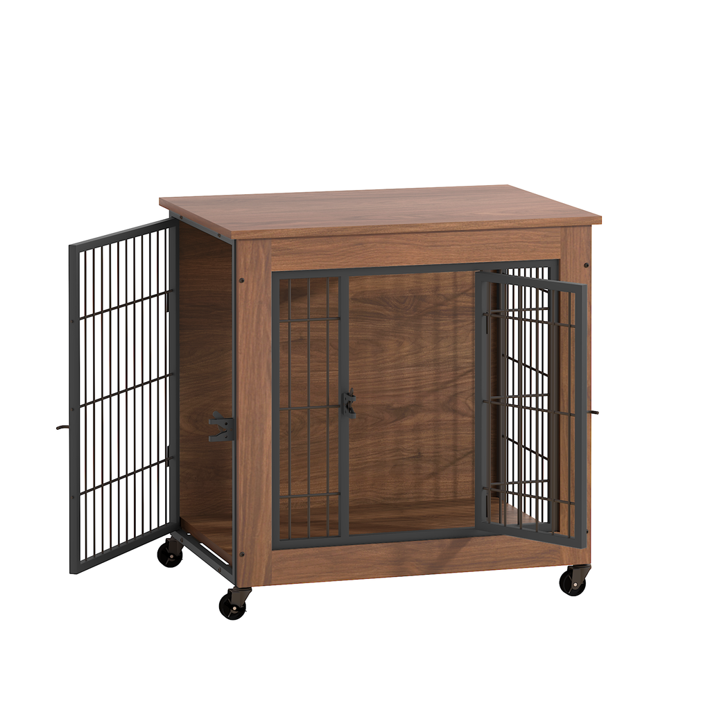 Wooden pet crate with metal doors on a white background