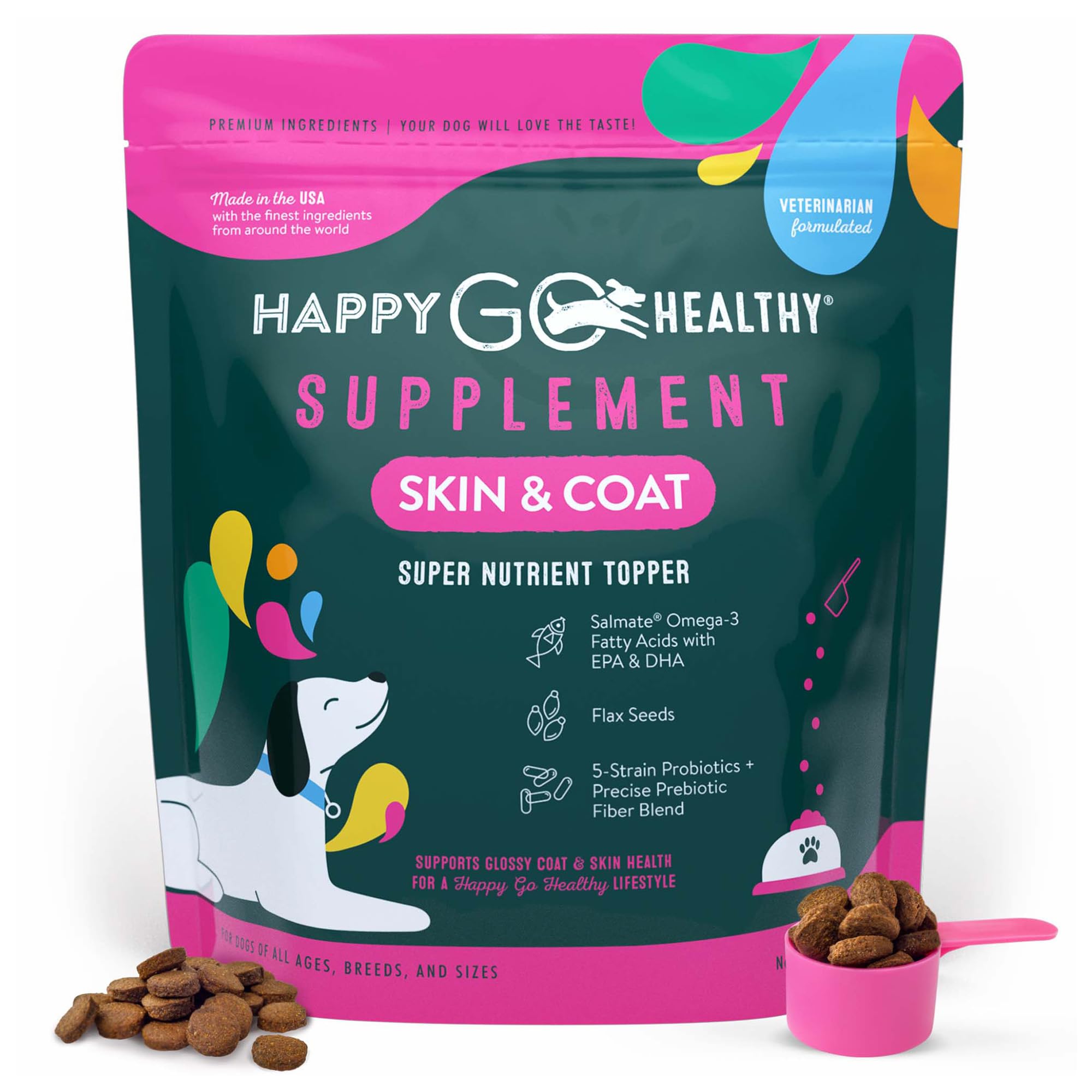 Happy Go Healthy supplement package for skin and coat with colorful design and dog illustration.