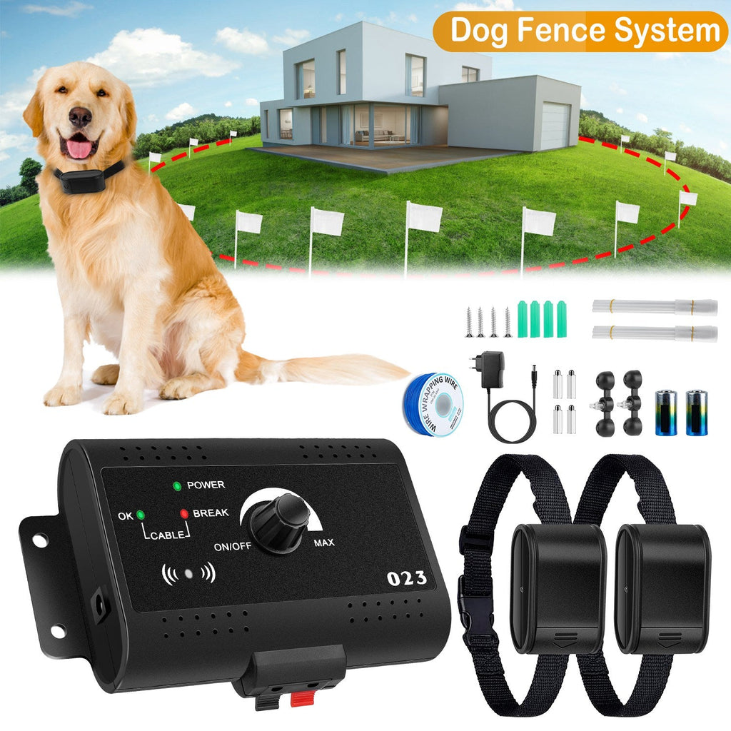Dog fence system with a dog, control panel, and collars on a white background