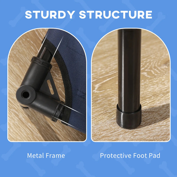 Metal frame and protective foot pad of a product on a wooden surface with 'Sturdy Structure' text.