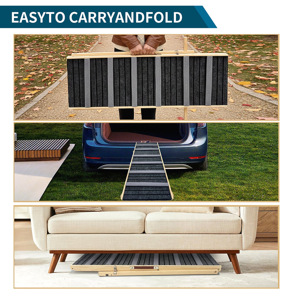 Multifunctional product being used as a ramp, in a car trunk, on grass, and in front of a sofa.