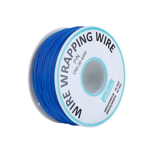 Spool of blue wire with a white label on a white background
