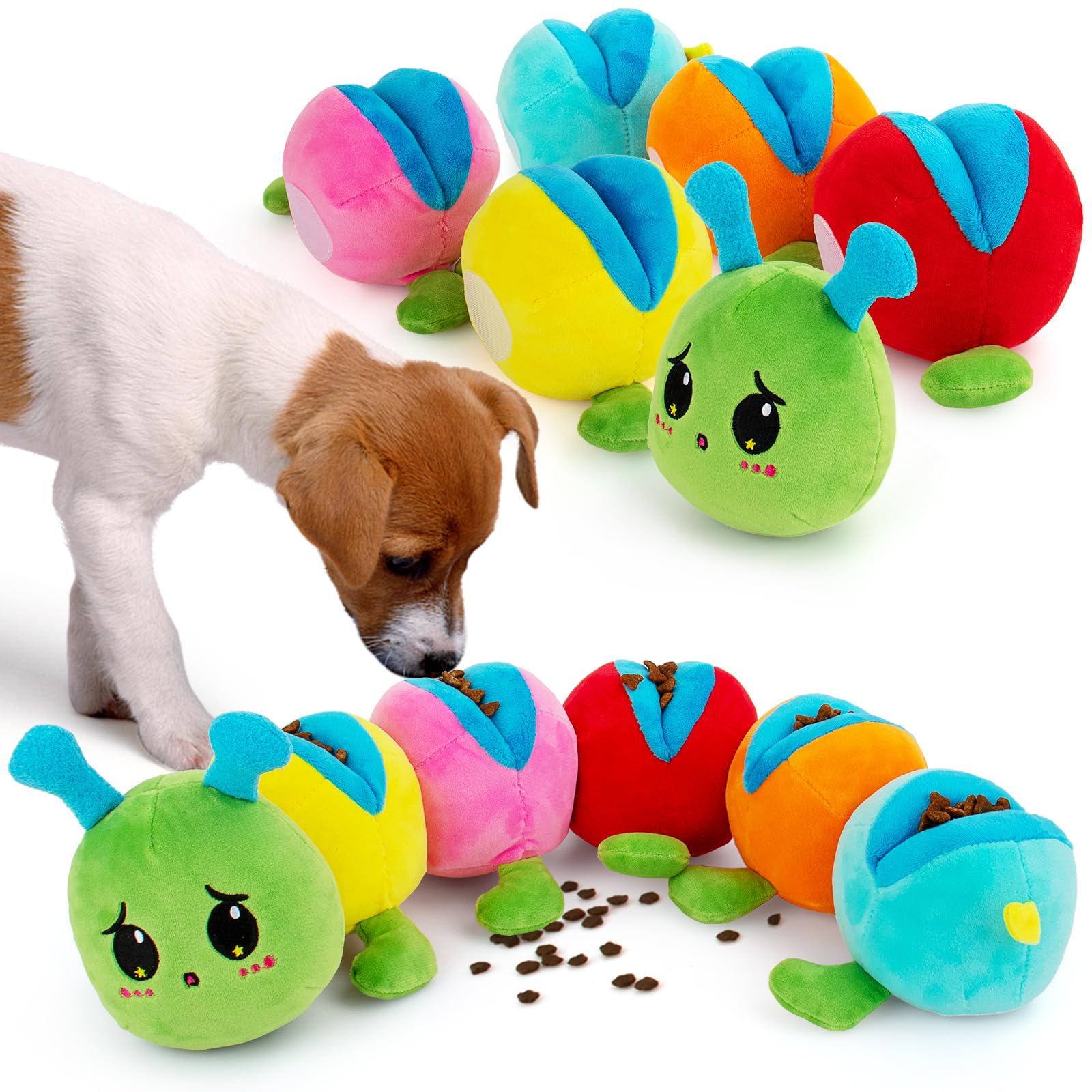 Colorful caterpillar-shaped dog toys with a puppy interacting with them on a white background.