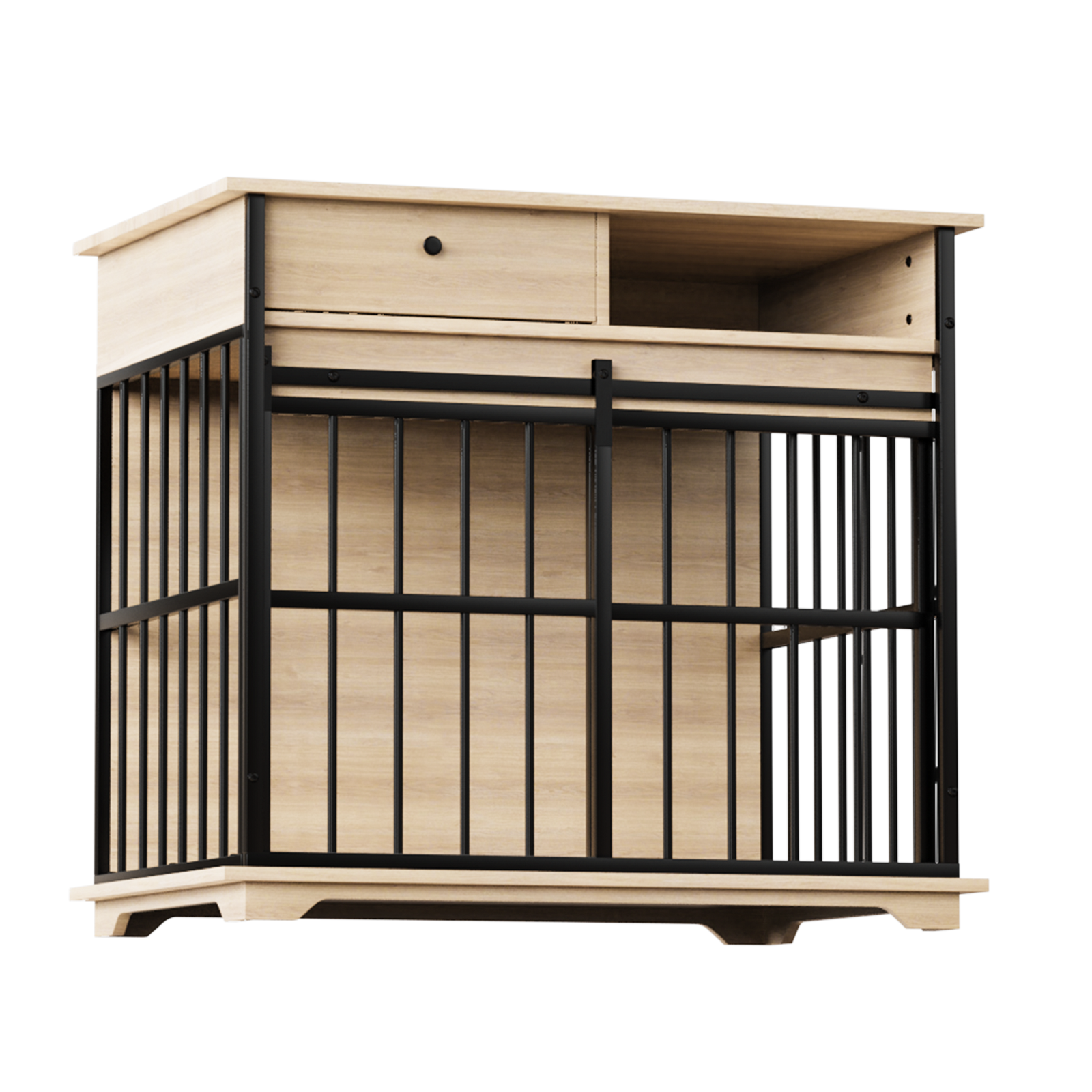 Wooden pet crate with black metal bars on a white background