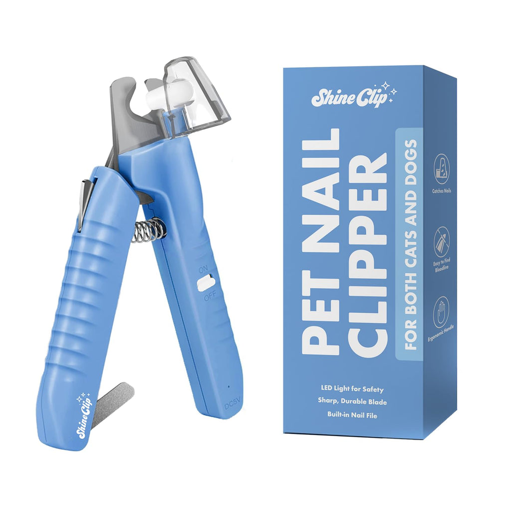 Blue pet nail clipper with packaging on a white background