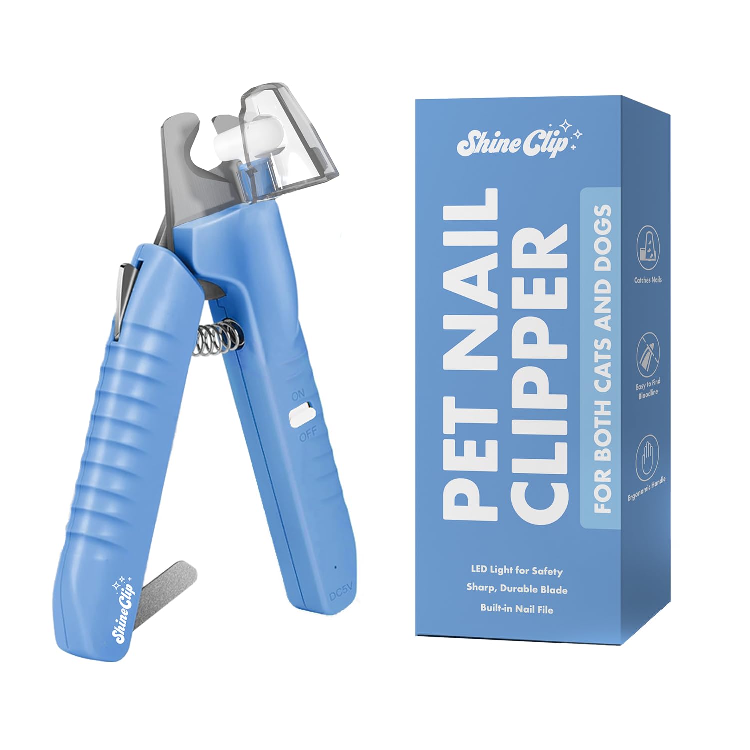 Blue pet nail clipper with packaging on a white background