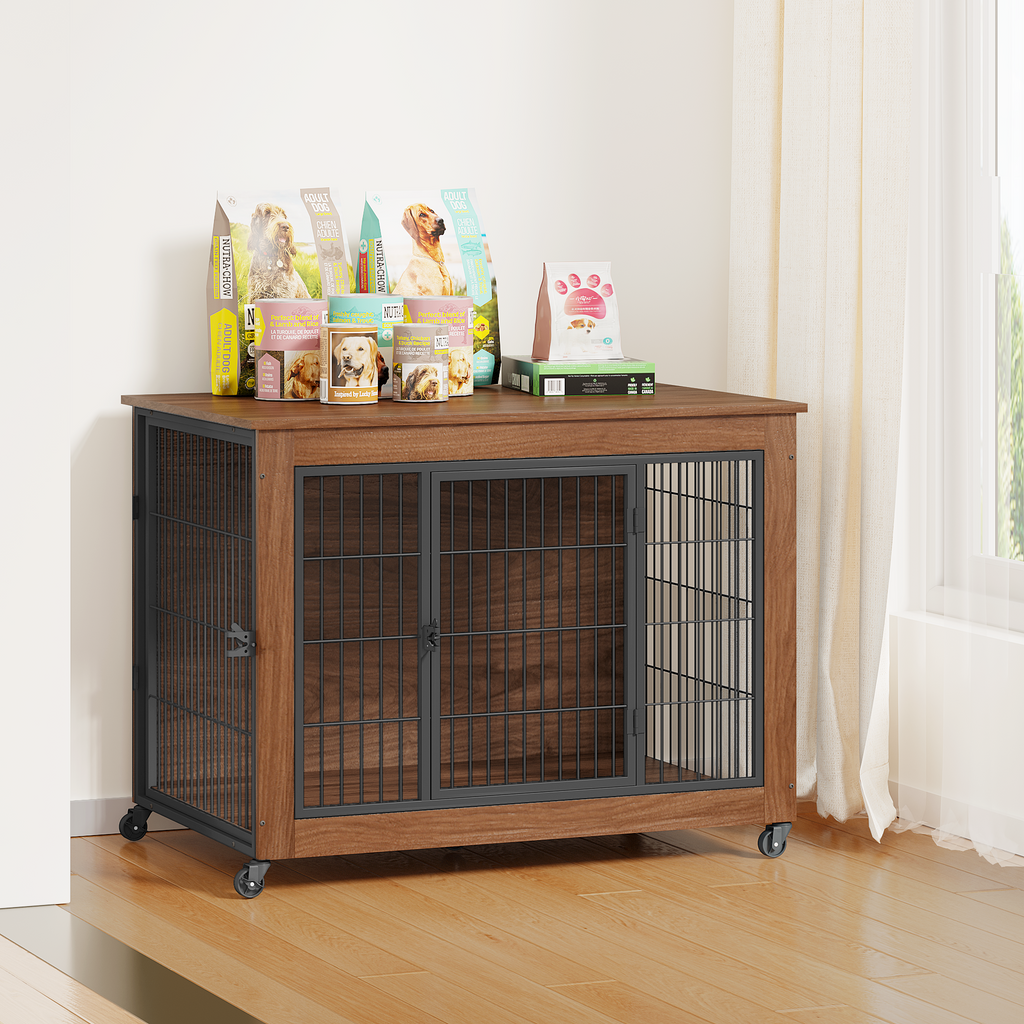 Wooden pet crate with metal grid doors in a room with books and decorative items on top.
