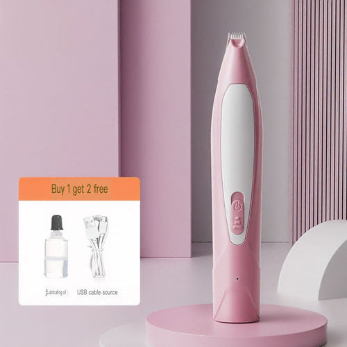 Pink and white electronic device on a stand with a promotional card in the background.