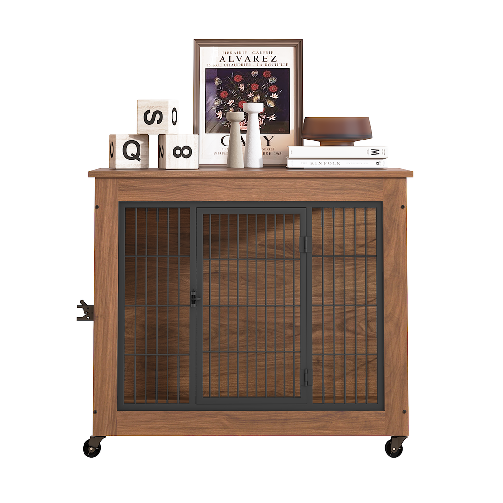 Wooden pet crate with metal grille on wheels, decorated with small items on top.