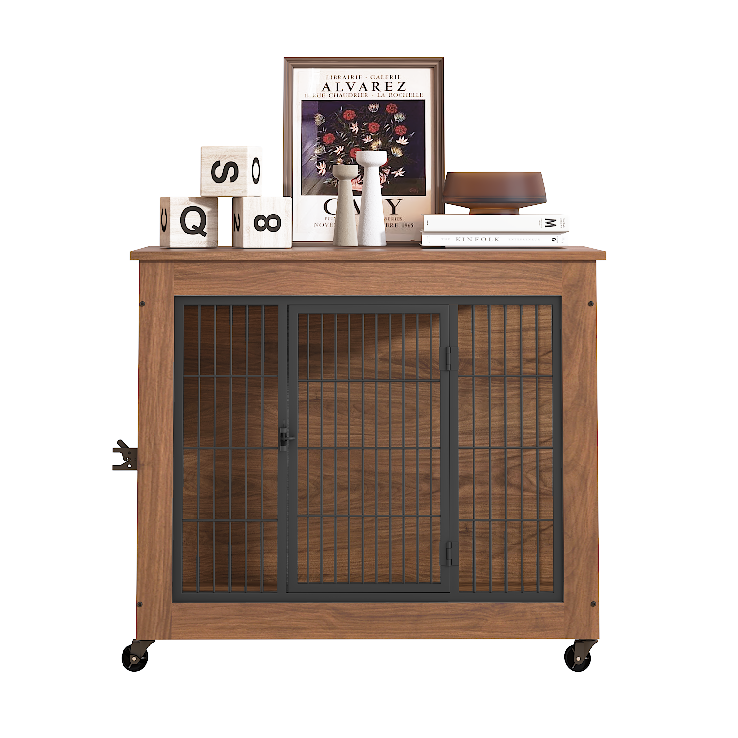 Wooden pet crate with metal grille on wheels, decorated with small items on top.