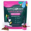 Happy Go Healthy supplement package for skin and coat with colorful design and dog illustration.