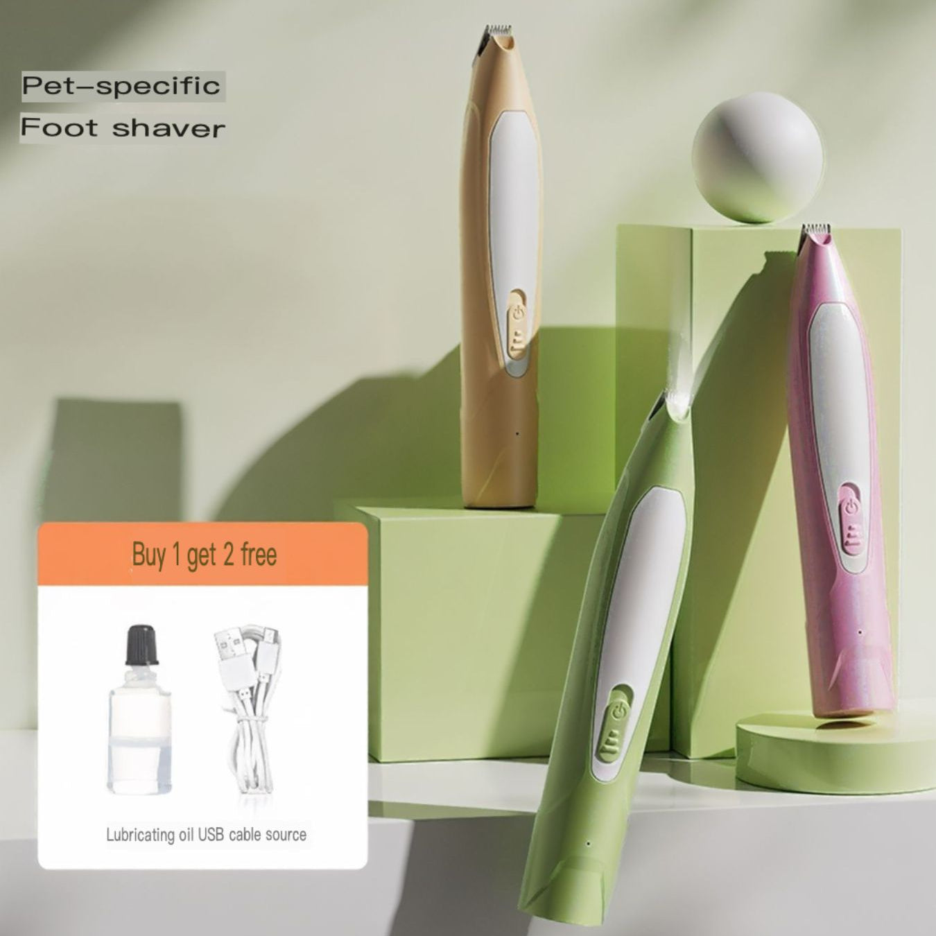 Pet-specific foot shavers on a light green background with a 'buy 1 get 2 free' offer card.