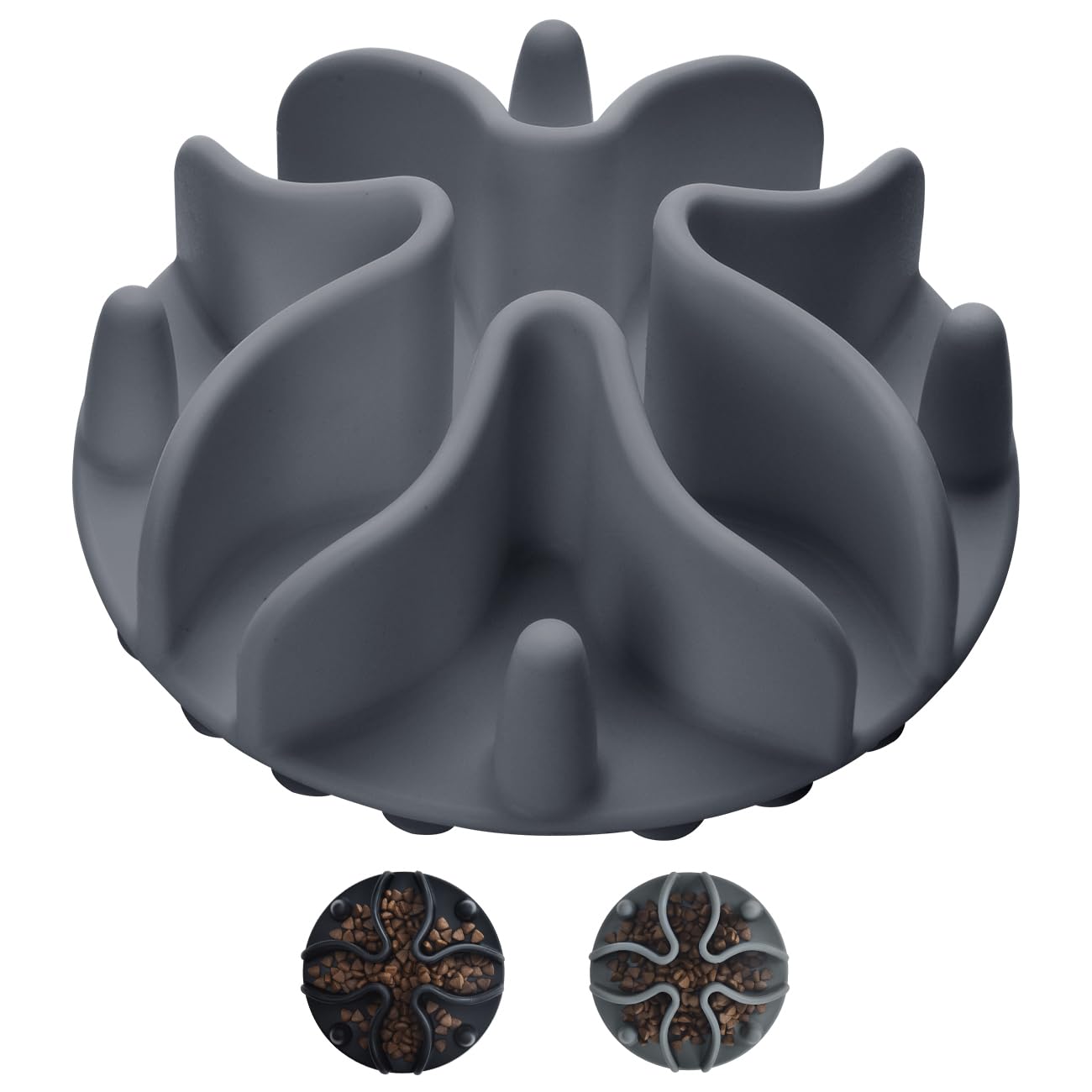 Gray silicone mold shaped like a flower with two sample molded items below on a white background