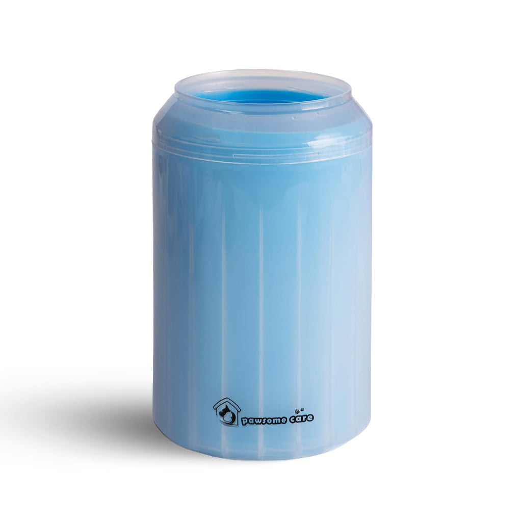 Blue cylindrical container with a white lid on a white background