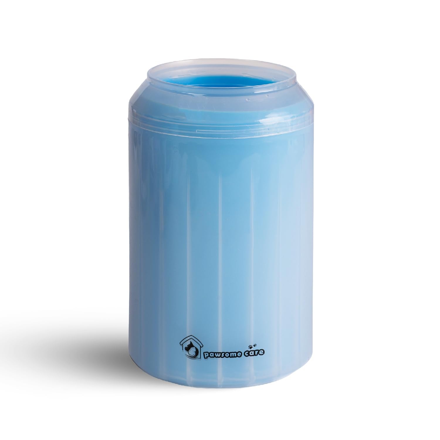 Blue cylindrical container with a white lid on a white background