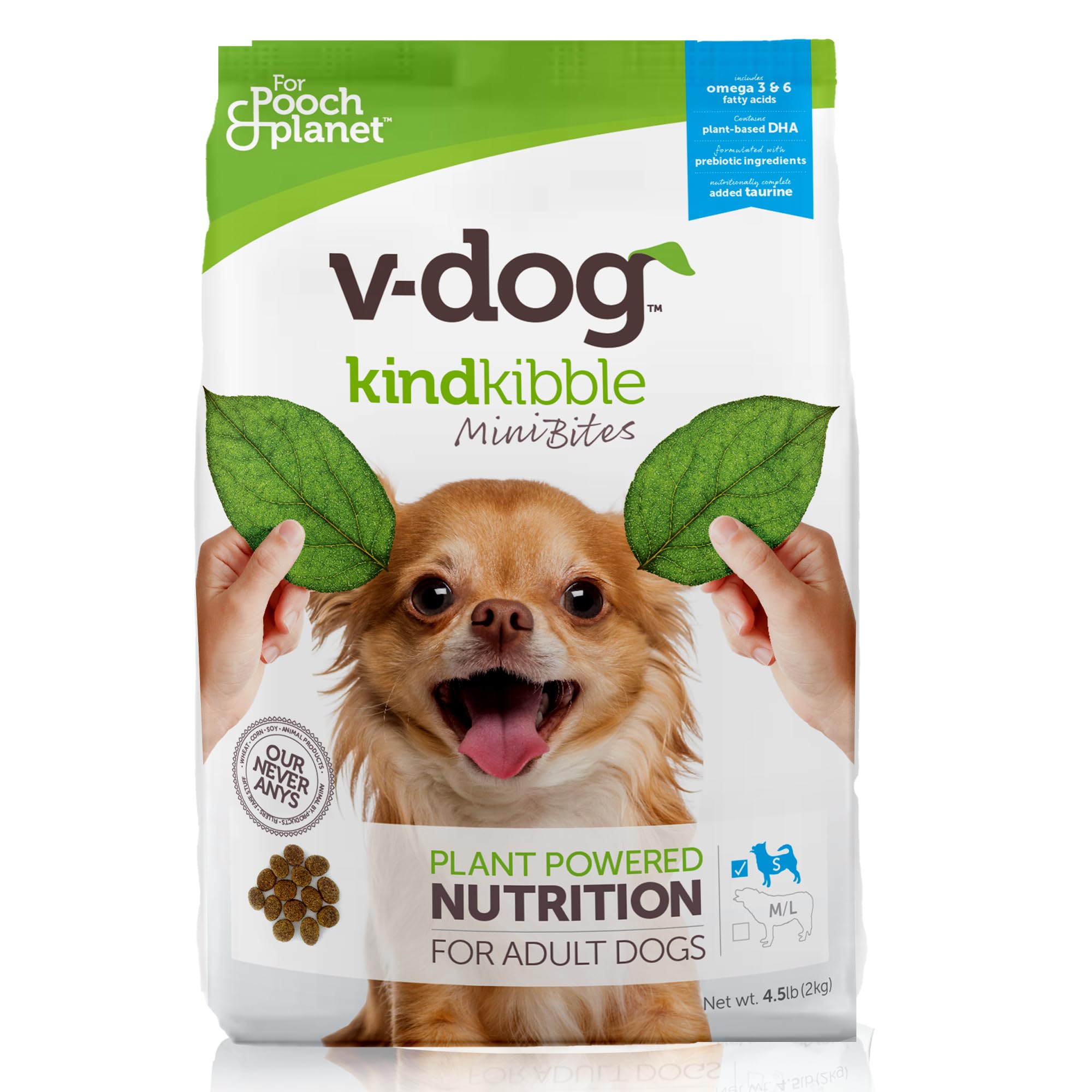 V-dog kindkibble MiniBites dog food package with a dog and leaves on a white background