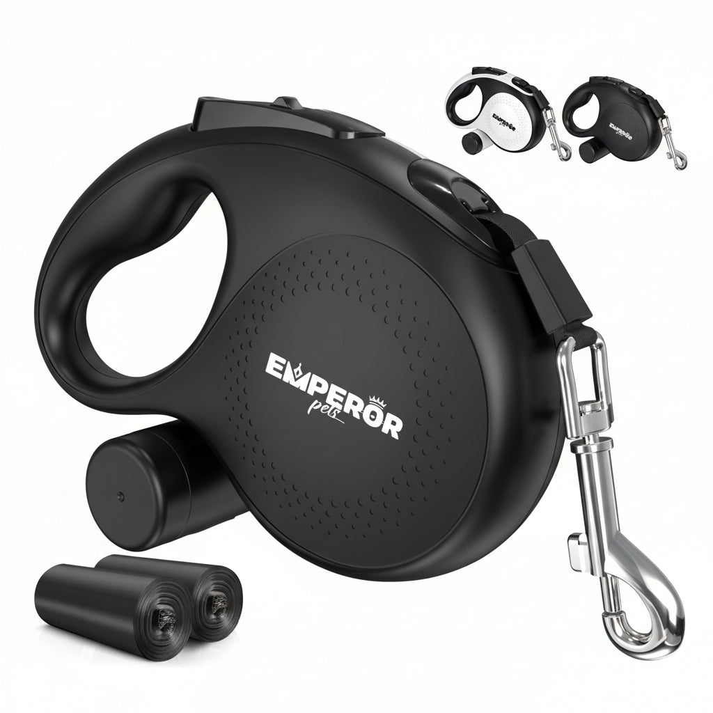 Black retractable dog leash with handle and carabiner, featuring Emperor Pets branding.