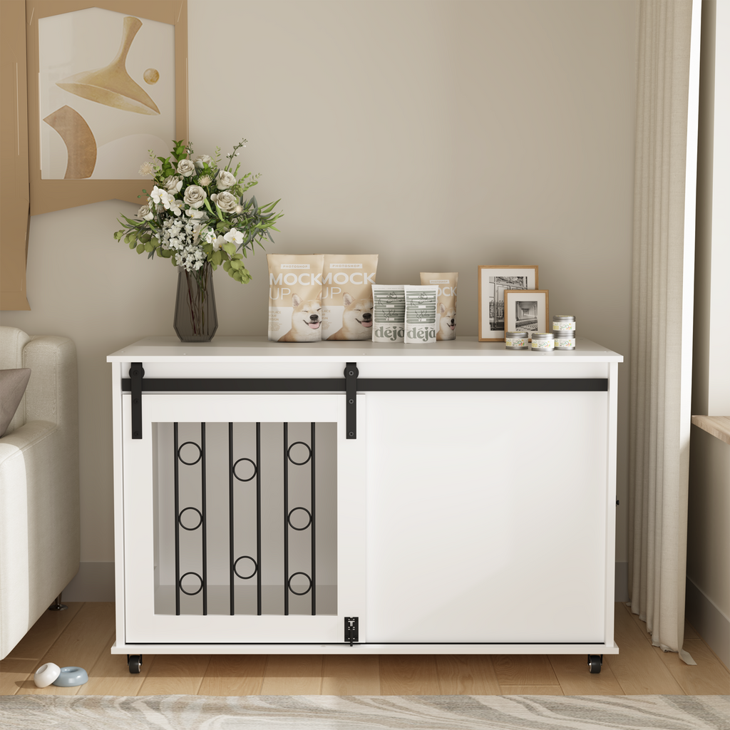 Modern Wooden Dog Crate Furniture with Sliding Barn Door – Indoor Pet Kennel