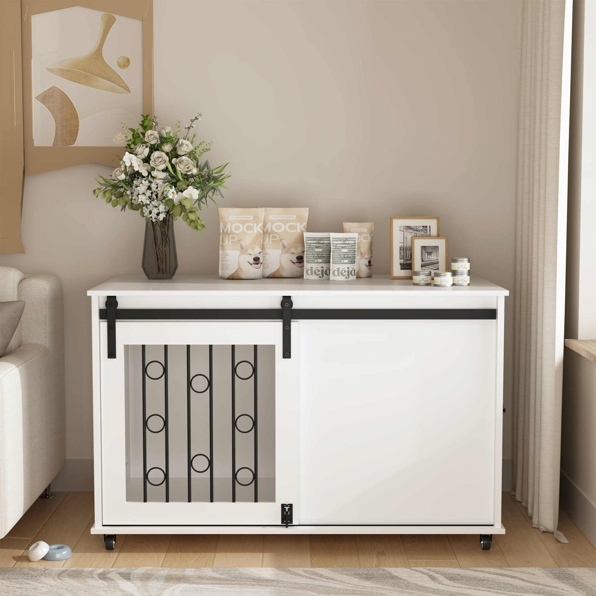 Modern Wooden Dog Crate Furniture with Sliding Barn Door – Indoor Pet Kennel