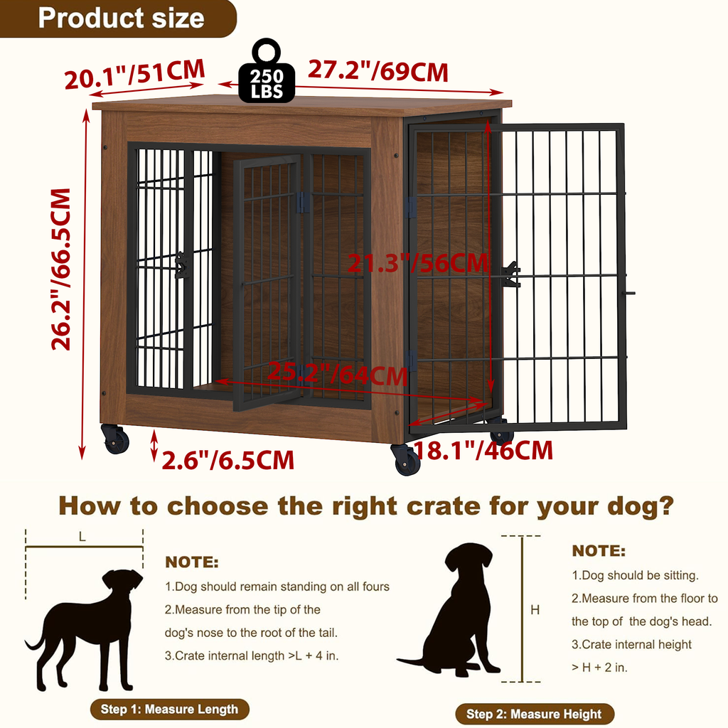 Dog crate with dimensions and weight capacity labeled