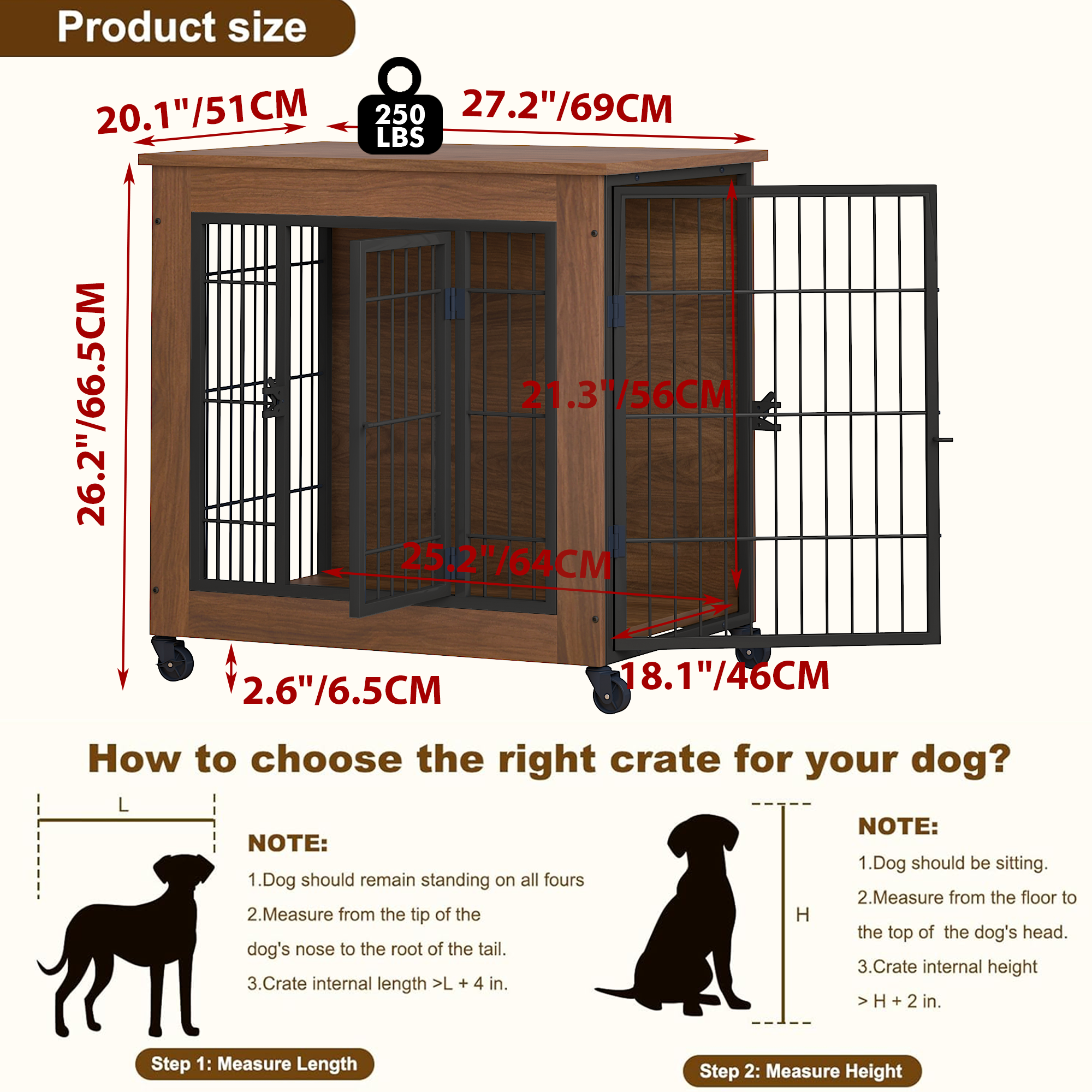 Dog crate with dimensions and weight capacity labeled