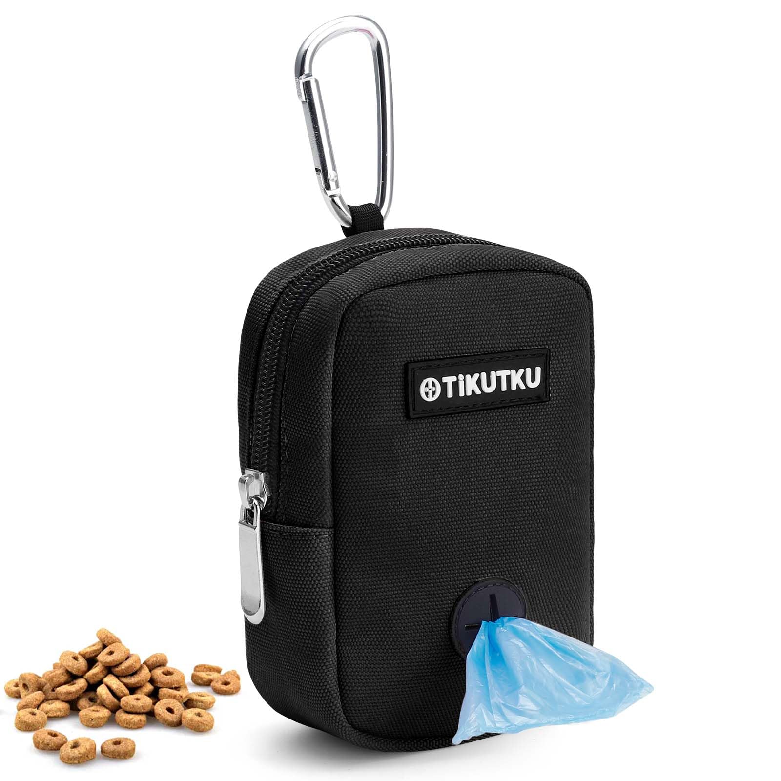 Black pet waste bag dispenser with carabiner and Tikutku branding on a white background