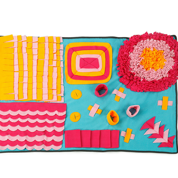Colorful textured mat with various shapes and patterns on a white background