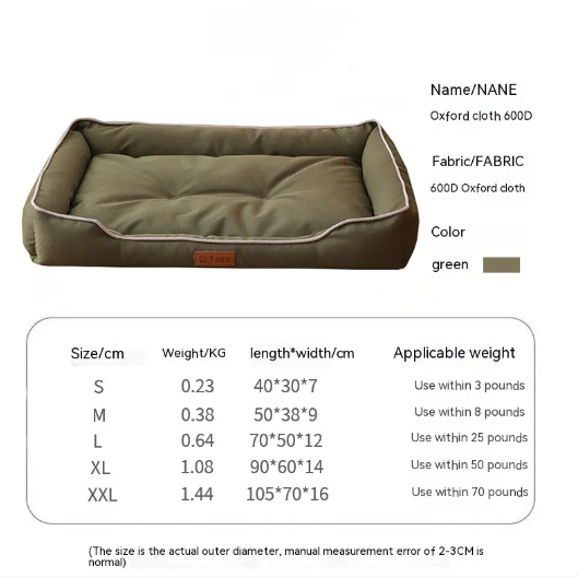 Green pet bed with size chart on a white background