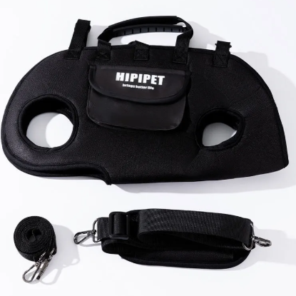 Black pet carrier with handle and leash on a white background