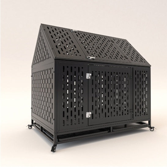 Heavy Duty Indestructible Dog Crate — 45", Pointed Roof, 2 Doors, Lockable Wheels, Escape-Proof (Black)