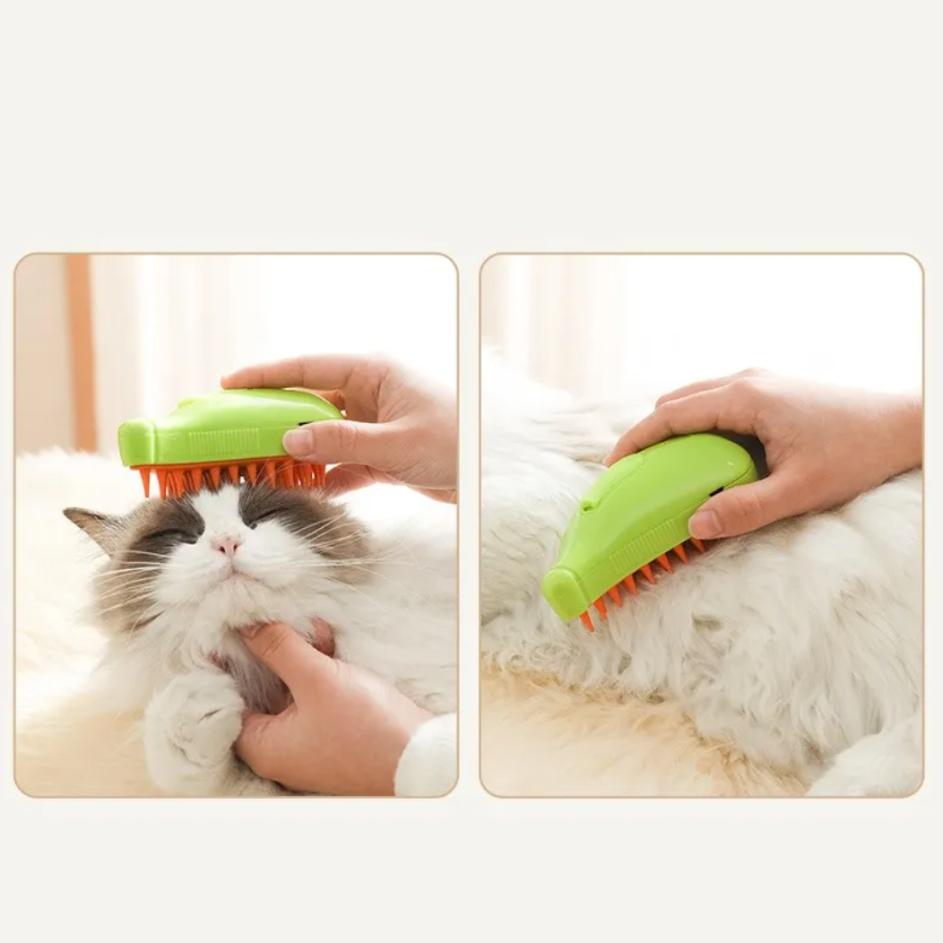 Two images showing a green pet grooming brush being used on a cat.