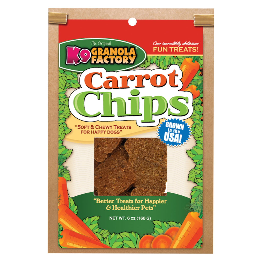 Package of Granola Factory Carrot Chips dog treats with carrots and green leaves on a white background