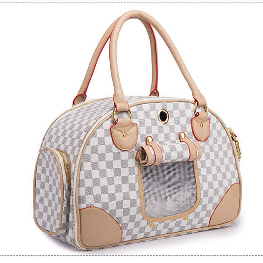 Pet carrier with checkered pattern and beige accents on a white background