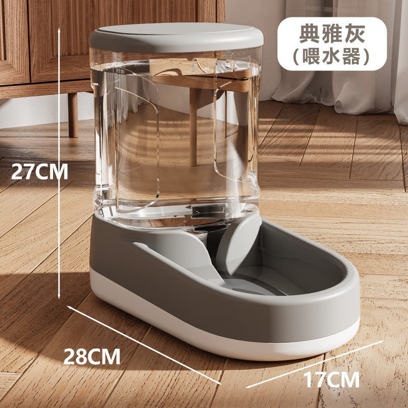 Pet water and food dispenser with dimensions on a wooden floor
