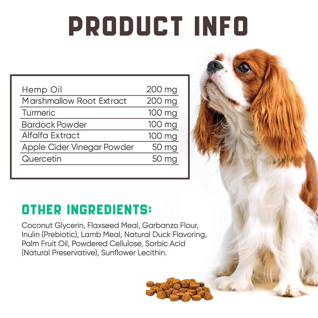 Dog with product information on ingredients and dosages on a white background
