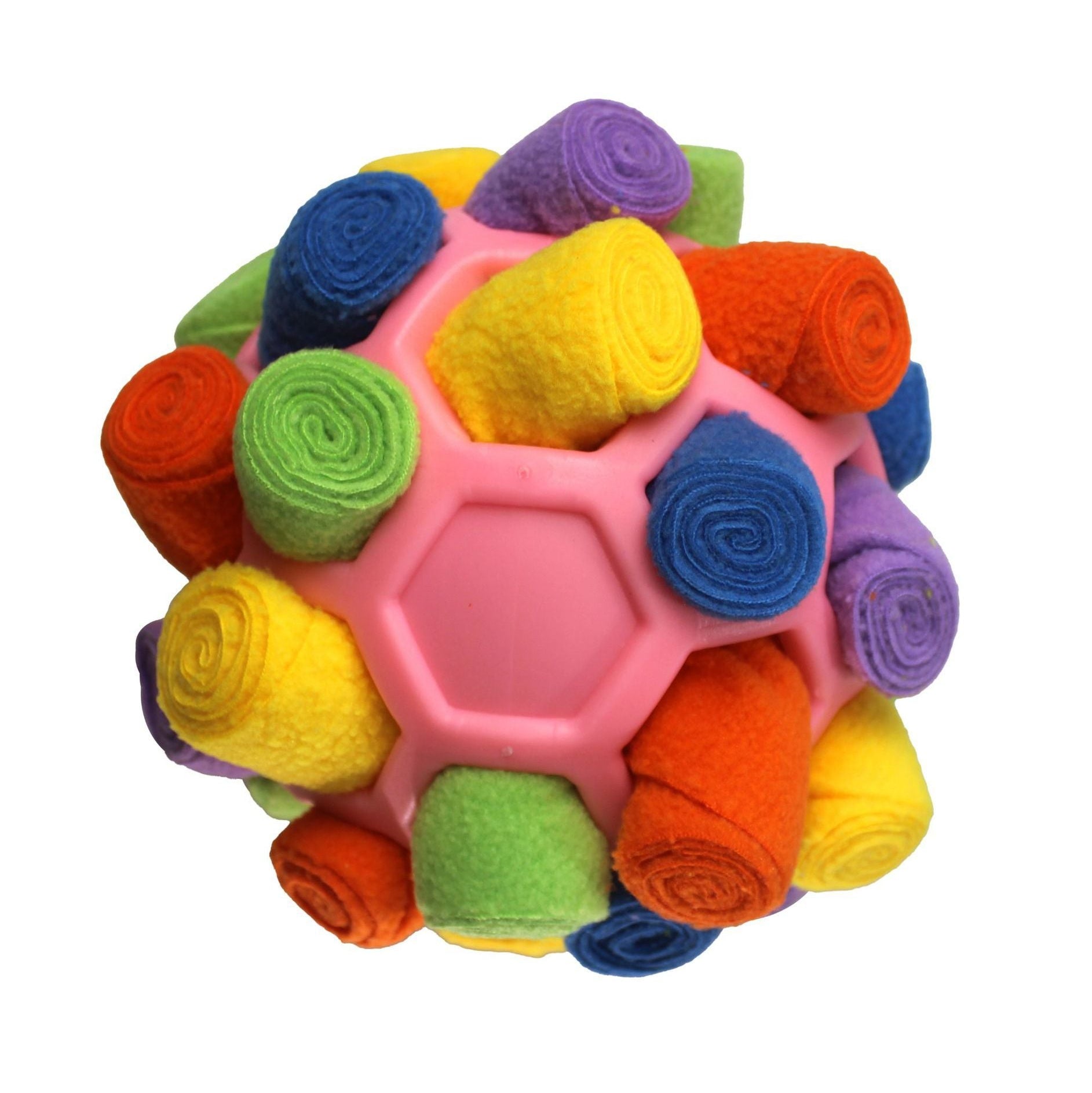 Colorful textured ball with rolled-up fabric pieces on a white background