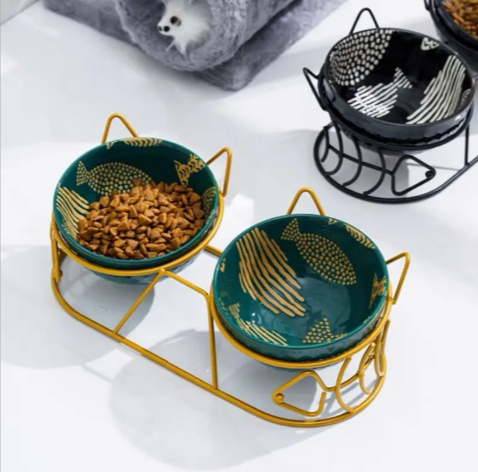 Elevated Ceramic Double Pet Bowl with Cat-Ear Stand