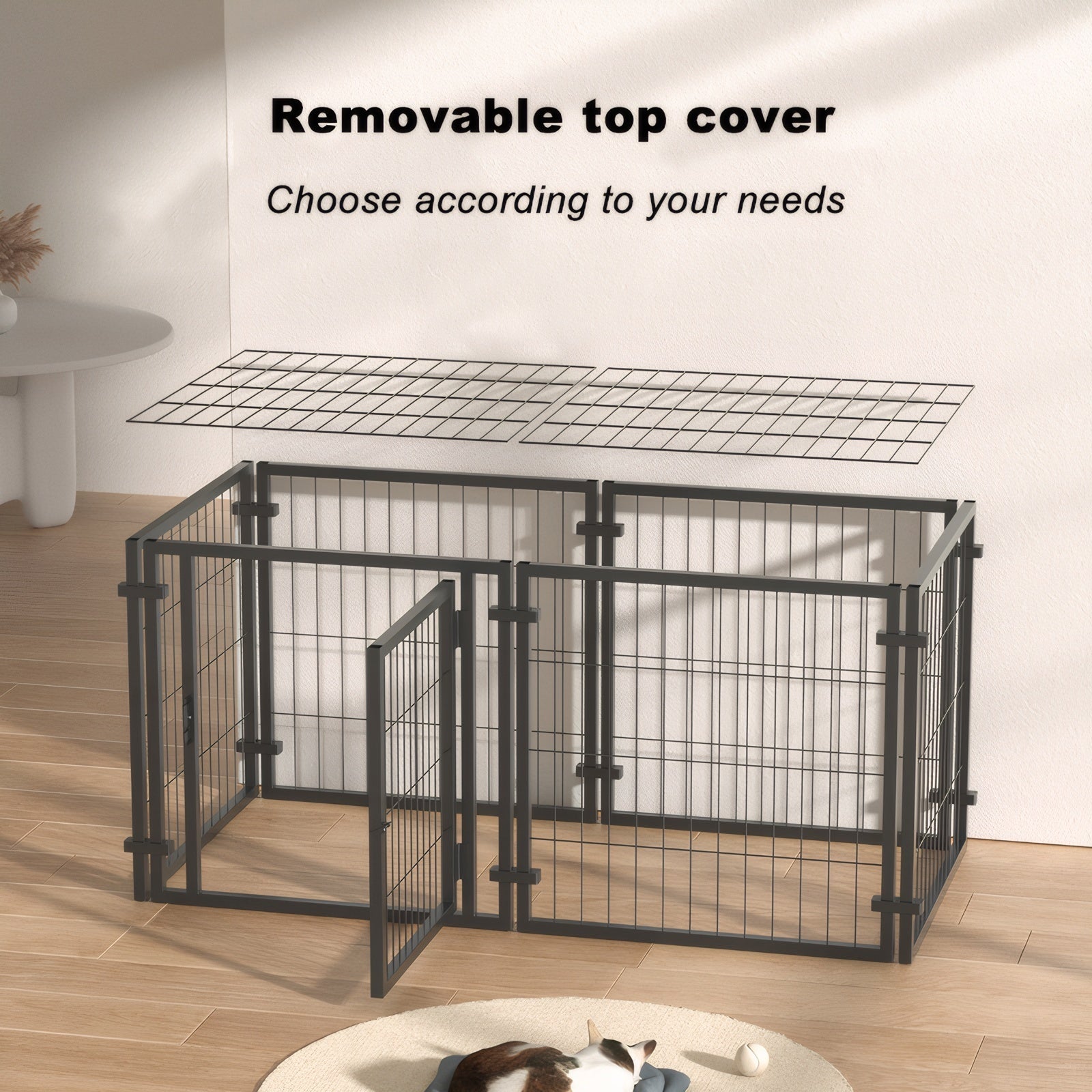 Pet playpen with a removable top cover on a wooden floor.