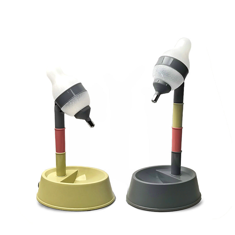 Two colorful pet water bottles on stands with a white background